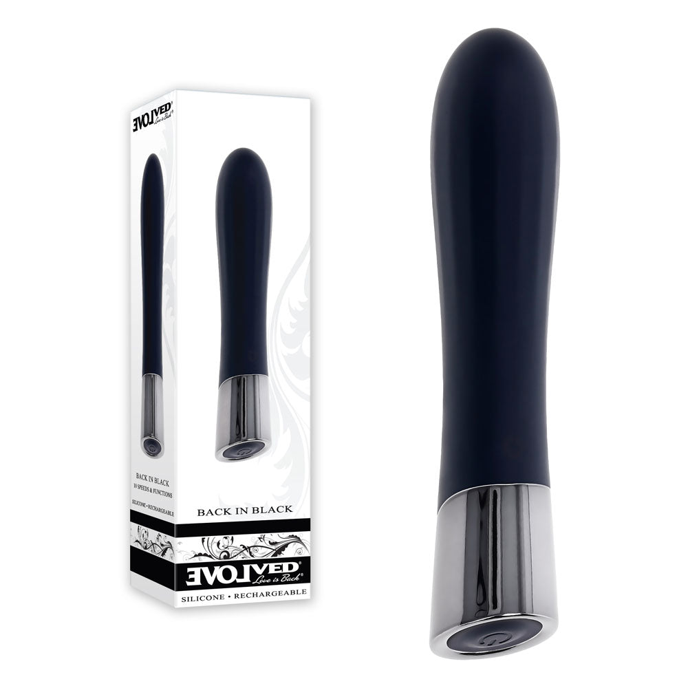 Evolved BACK IN  -  11.9 cm USB Rechargeable Bullet vibrator with sleek black design and chrome tip.