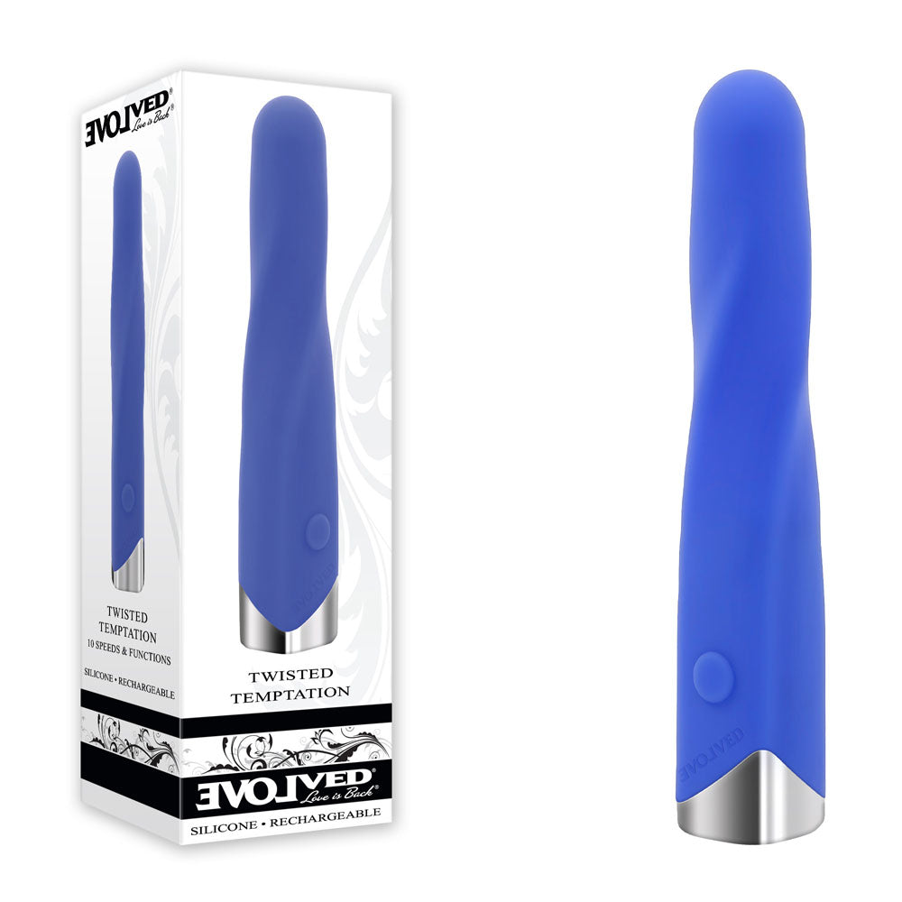 Evolved TWISTED TEMPTATION - 12 cm USB Rechargeable Bullet in blue packaging showcasing curved design and chrome base.