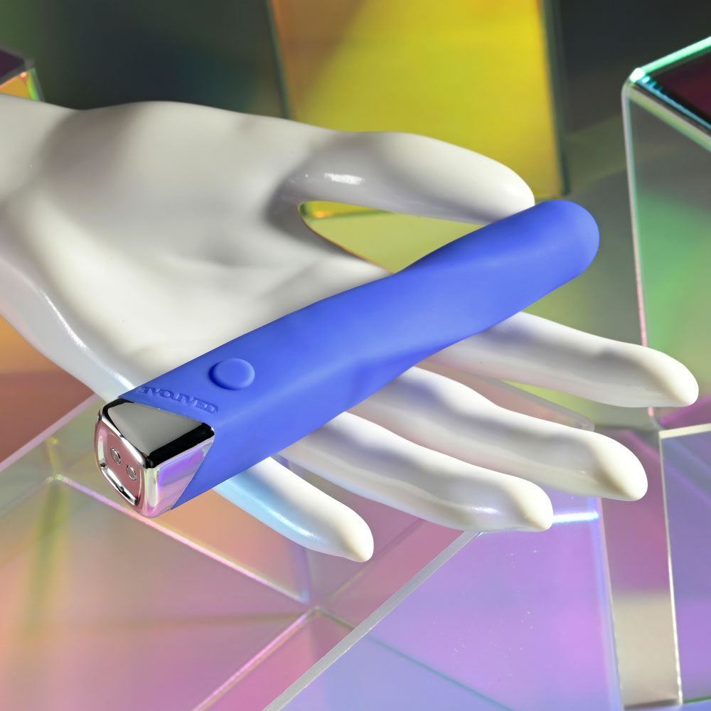 Evolved TWISTED TEMPTATION - 12 cm USB Rechargeable Bullet displayed on a stylish, iridescent background.
