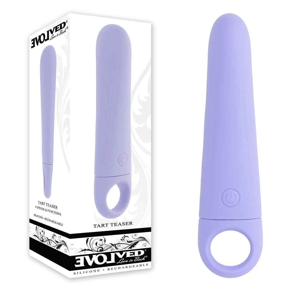 Evolved TART TEASER - 15.2 cm USB Rechargeable Vibrator in purple with packaging, ideal for intimate essentials for her.