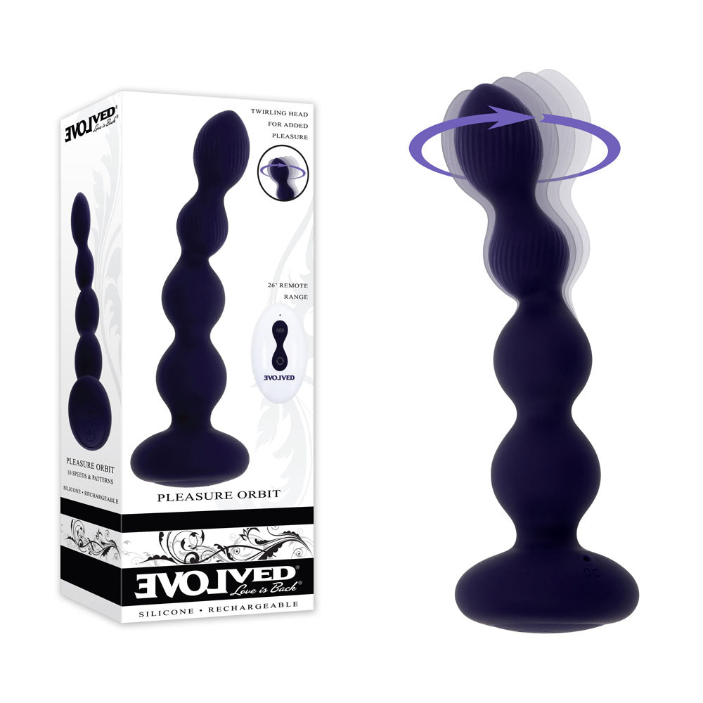 Evolved PLEASURE ORBIT - Navy 17.8 cm USB Rechargeable Twirling & Vibrating Anal Beads with Remote and packaging.