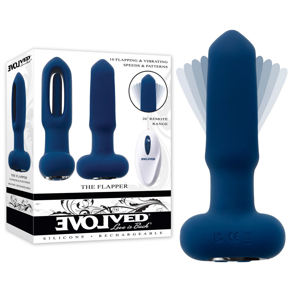 Evolved THE FLAPPER - 14 cm USB Rechargeable Vibrating and Flapping Butt Plug with Remote, showcasing unique features and design.