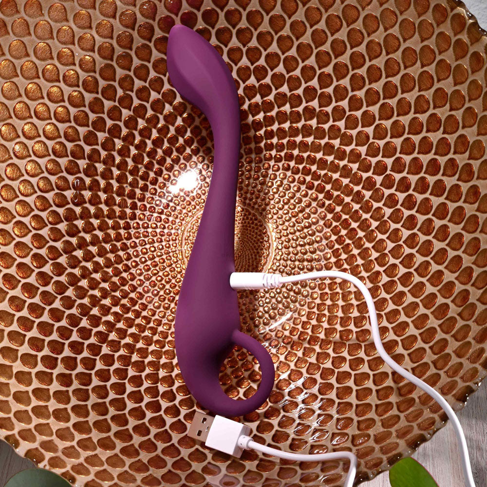 Evolved LOCHNESS G - 19 cm USB Rechargeable Vibrator charging in a decorative bowl.
