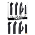 Evolved Four Play - USB Rechargeable Bullet with 3 Sleeves displayed in a sleek packaging with black silicone designs.