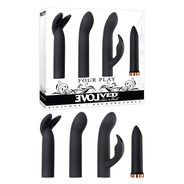 Evolved Four Play - USB Rechargeable Bullet with 3 Sleeves displayed in a sleek packaging with black silicone designs.