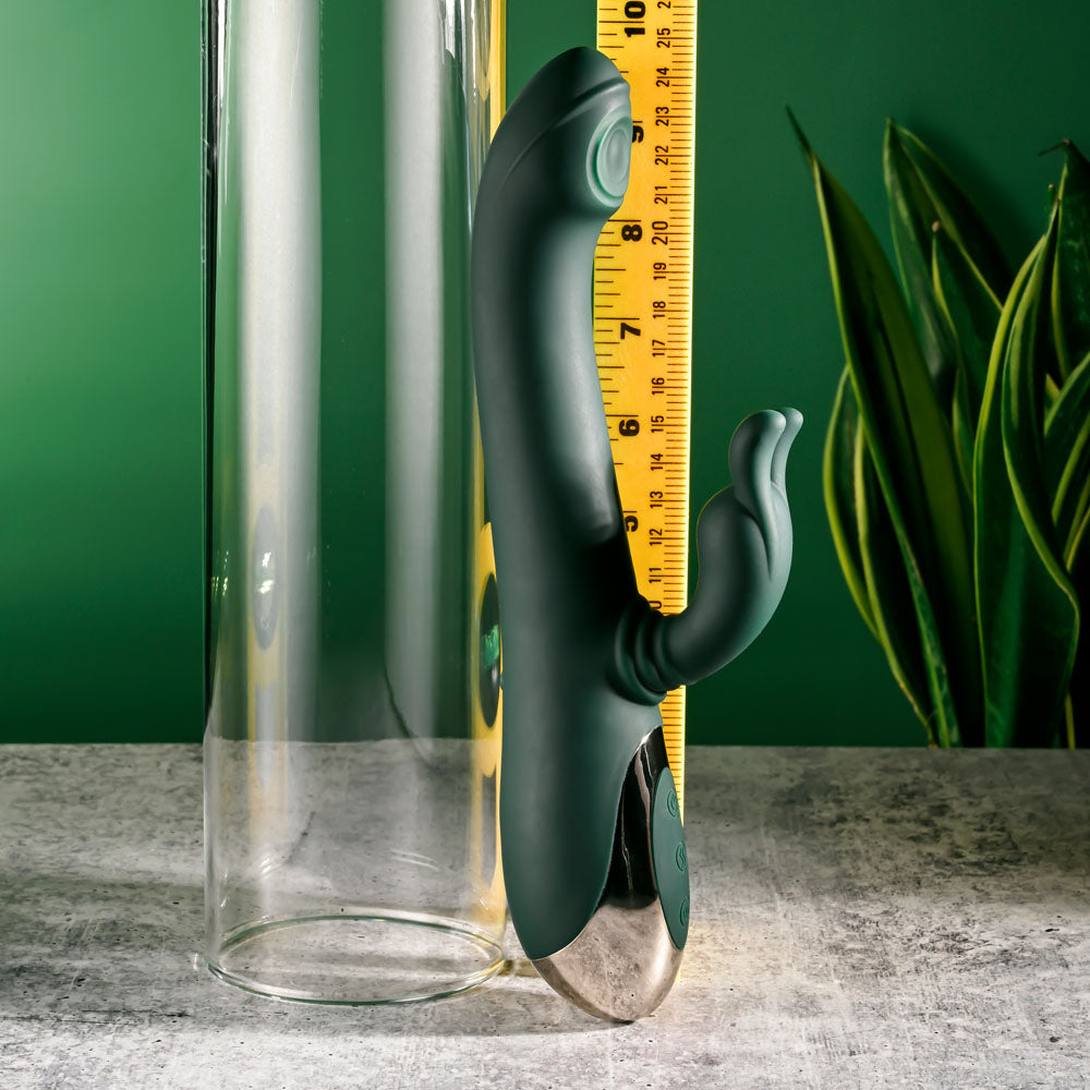 Evolved RABBIT TAP TAP - 25 cm USB Rechargeable Rabbit Vibrator with Tapping Tip beside a measuring tape for size reference.