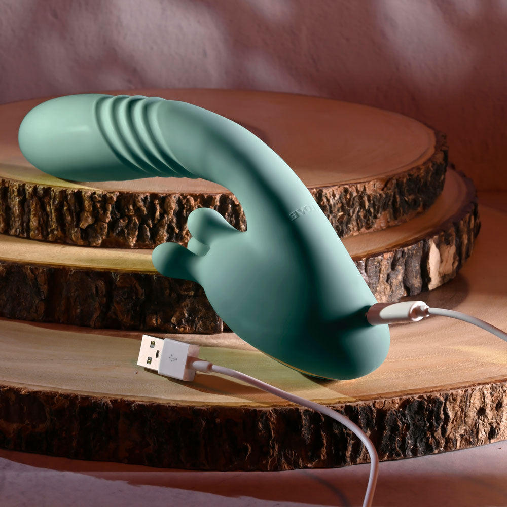 Evolved THRUST INTO ECSTASY - 21 cm USB Rechargeable Thrusting & Rotating Vibrator on wooden background.