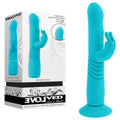 Evolved BUNNY HOP - Teal 25.1 cm USB Rechargeable Thrusting Rabbit Vibrator with Suction Base next to its packaging.