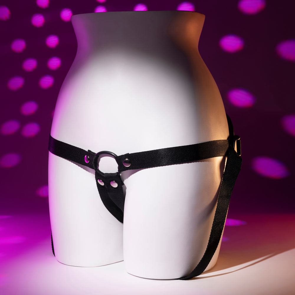 Adjustable harness for the Evolved GIVING VIBES rechargeable vibrating strap-on with remote, shown on a mannequin.
