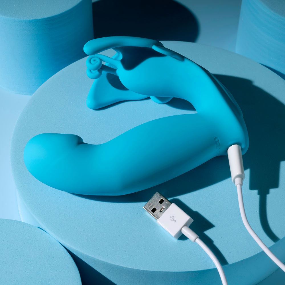 Evolved SPREAD YOUR WINGS -  USB Rechargeable Wearable Butterfly Vibrator on a blue background with USB charging cable.