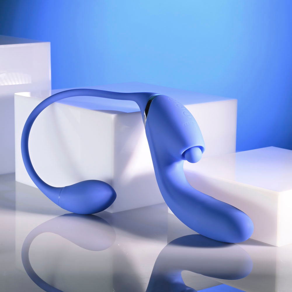 Evolved ALL IN -  USB Recahrgeable Triple Stimulating Vibrator in blue, designed for enhanced pleasure with flexible shaft and dual stimulators.