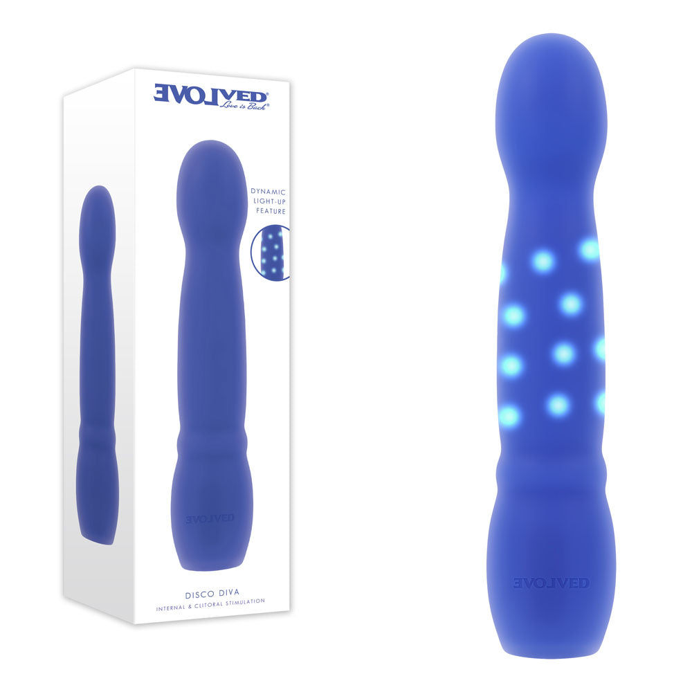 Evolved DISCO DIVA - 20.9 cm USB Rechargeable Light Up Vibrator with blue lights and box packaging.