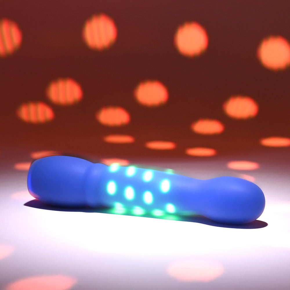 Evolved DISCO DIVA - 20.9 cm USB Rechargeable Light Up Vibrator with blue and green lights in a playful display.