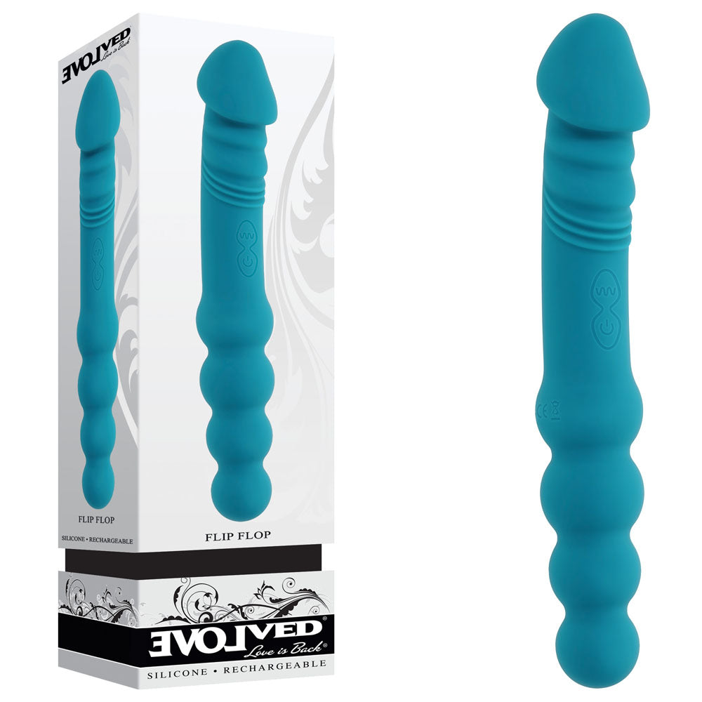 Evolved FLIP FLOP - 23.1 cm USB Rechargeable Dual Ended Vibrator in teal packaging and design, perfect for intimate essentials.