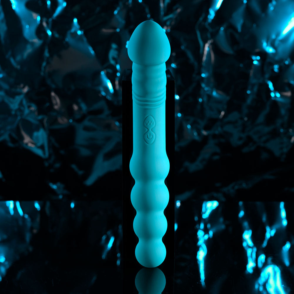 Evolved FLIP FLOP -  23.1 cm USB Rechargeable Dual Ended Vibrator in blue, showcasing its unique textured design.