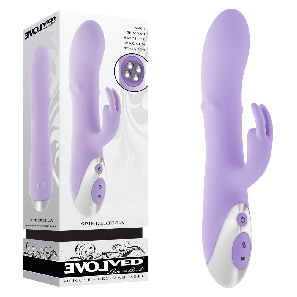 Evolved SPINDERELLA - USB Rechargeable Rabbit Vibrator with rotating shaft and beaded nubs for ultimate pleasure.