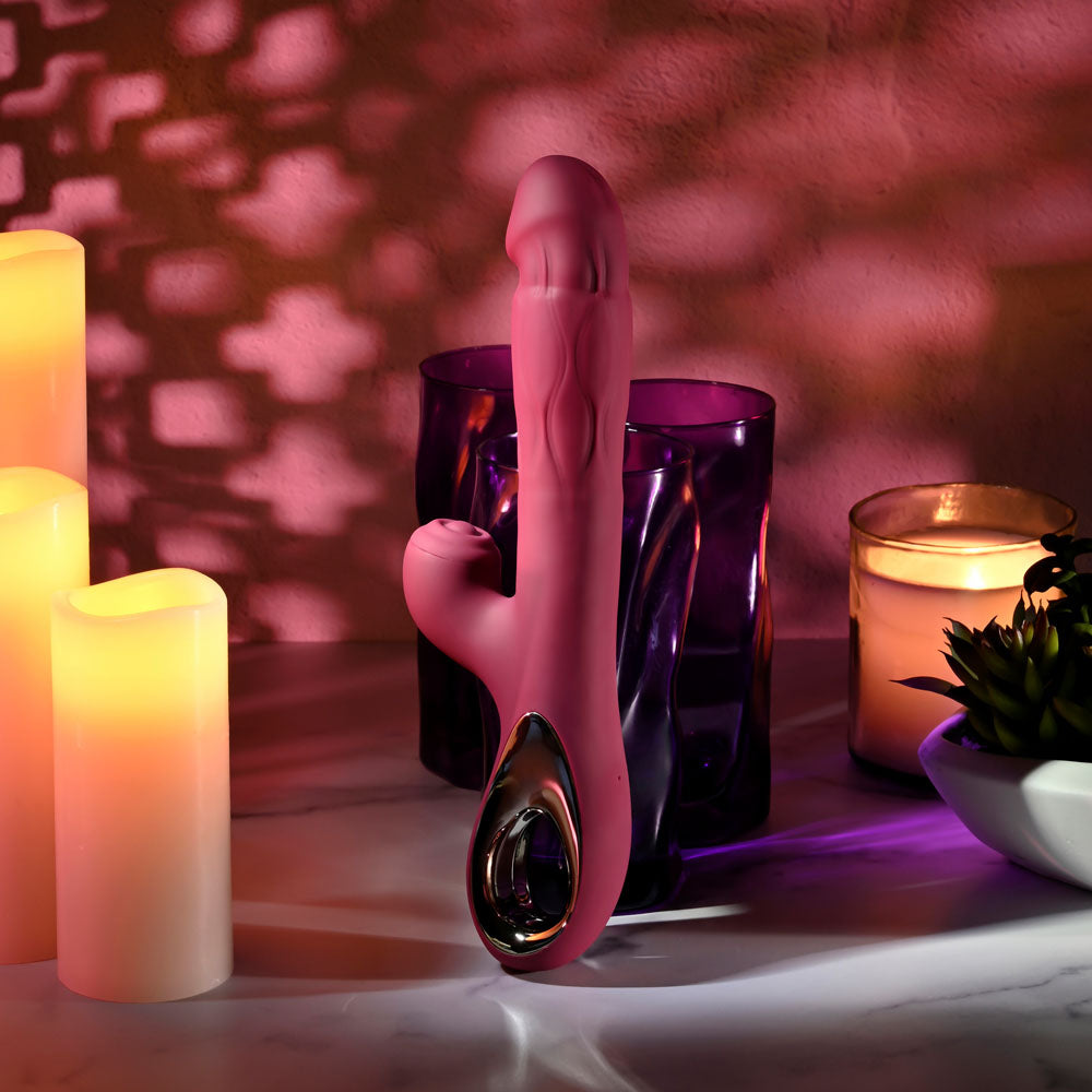 Evolved BURSTING WITH PLEASURE - 25.4 cm USB Rechargeable Vibrator with Tapping Clitoral Stimulator in a romantic setting.
