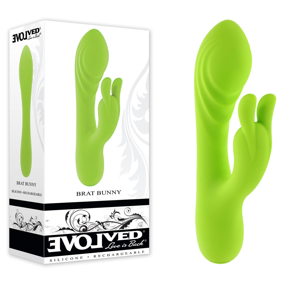 Evolved BRAT BUNNY -  16.2 cm USB Rechargeable Rabbit Vibrator in vibrant green packaging and design.
