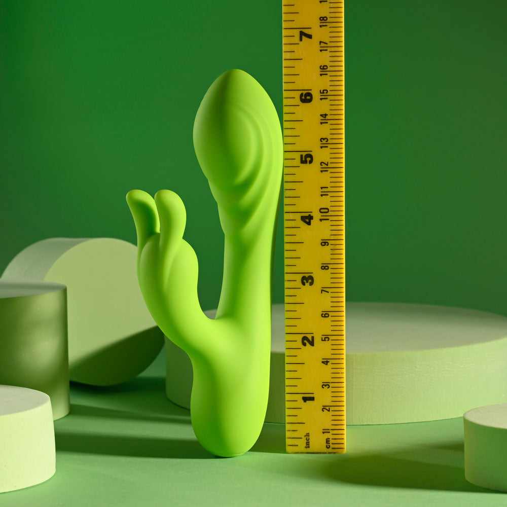 Evolved BRAT BUNNY -  16.2 cm USB Rechargeable Rabbit Vibrator next to a ruler for size comparison.