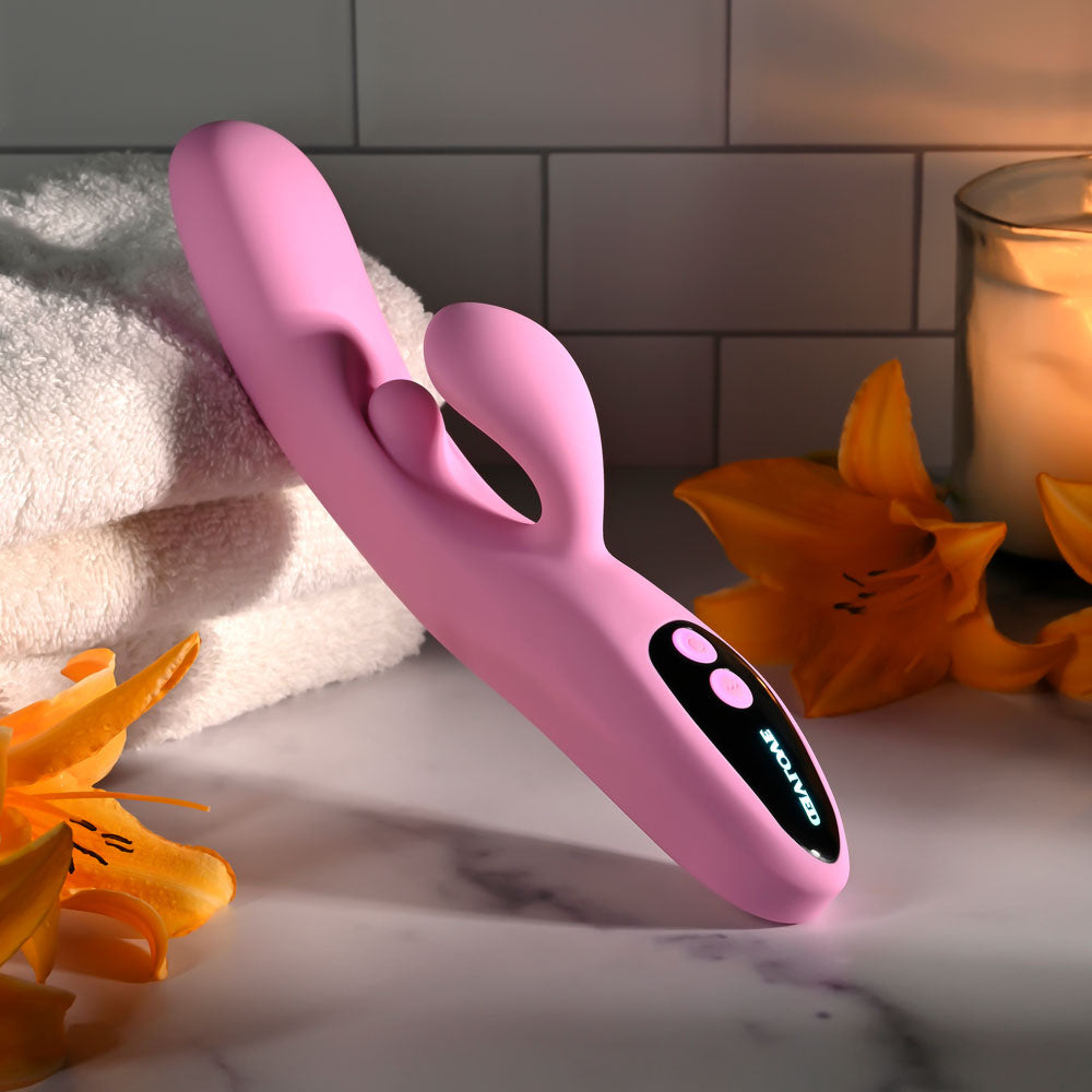 Evolved PUSH THE BUTTON - 23.5 cm USB Rechargeable Rabbit Vibrator with G-Spot Bud on a marble surface with flowers.