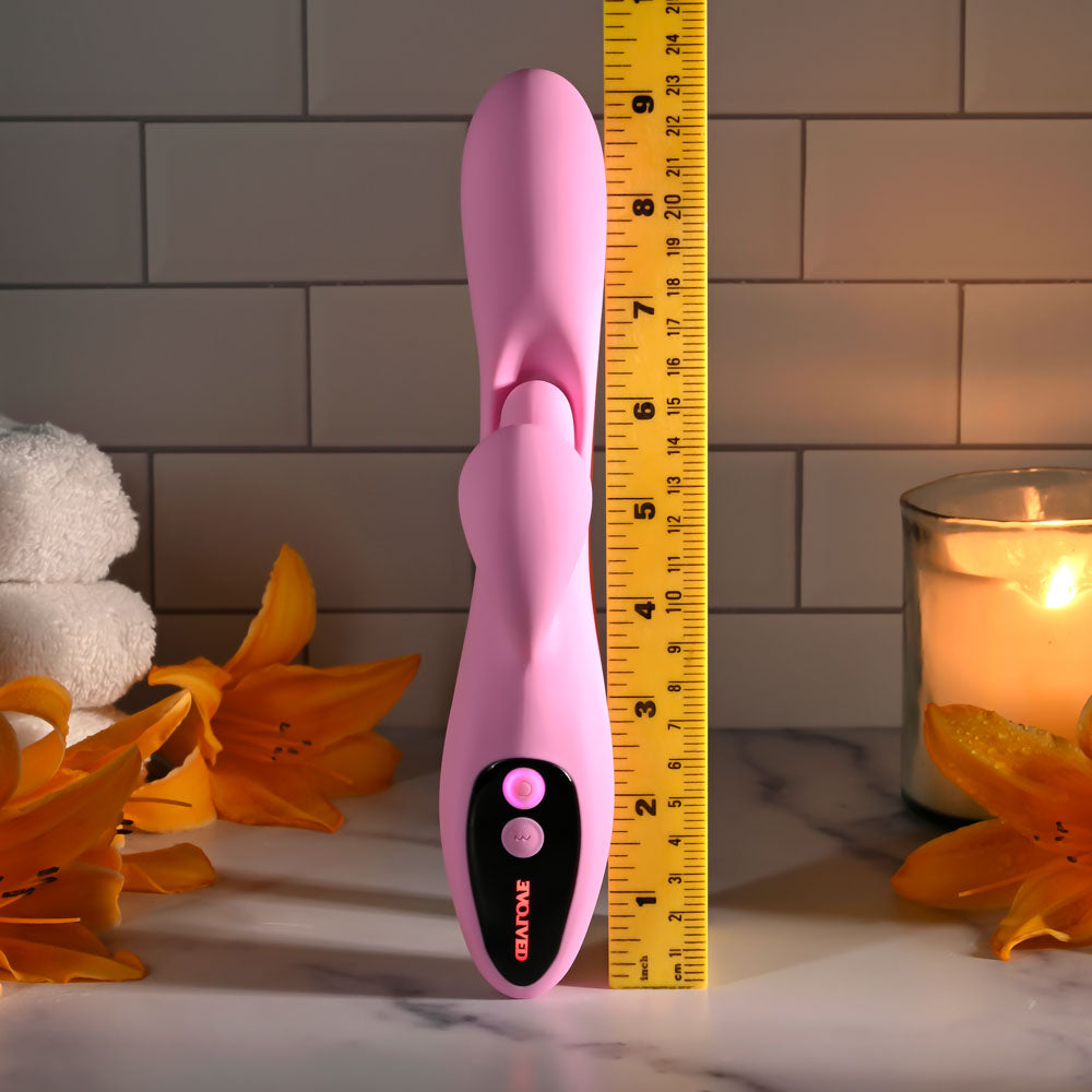 Evolved PUSH THE BUTTON - 23.5 cm USB Rechargeable Rabbit Vibrator with G-Spot Bud, measuring illustration with flowers and candle.