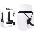 Evolved COME CLOSER -  USB Rechargeable Vibrating Strap-On with Remote displayed on a model with a harness for hands-free pleasure.