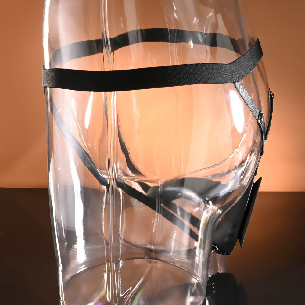 Evolved COME CLOSER - USB Rechargeable Vibrating Strap-On with Remote shown with black leather strap-on harness.