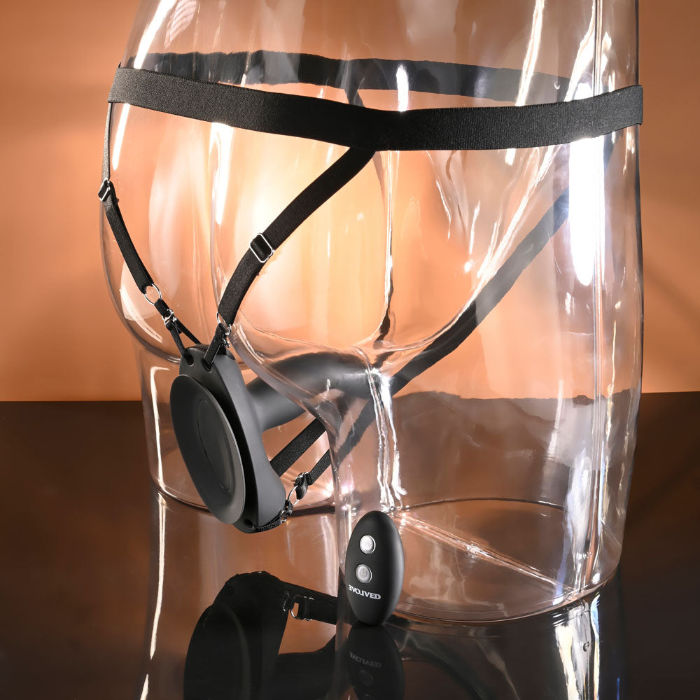 Evolved COME CLOSER -  USB Rechargeable Vibrating Strap-On with Remote featuring a sleek harness and remote control on display.