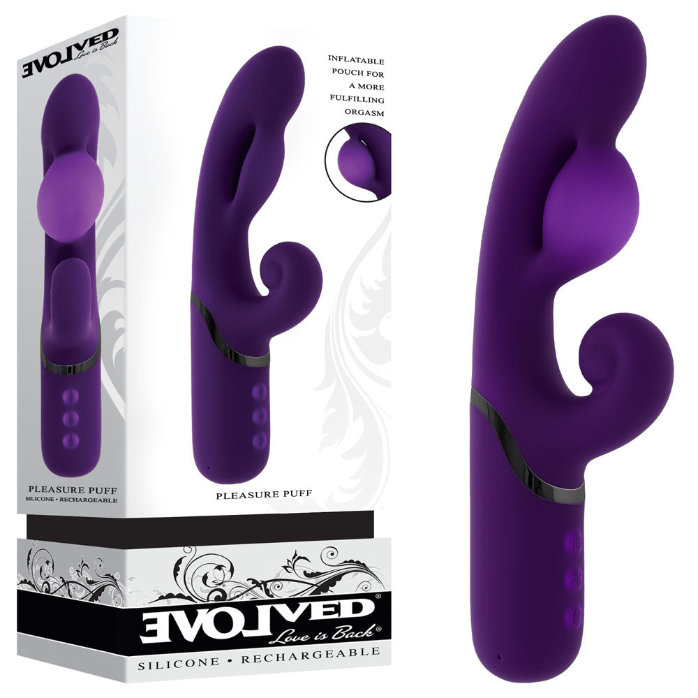Evolved PLEASURE PUFF, a 24.1 cm USB rechargeable inflatable rabbit vibrator in purple, designed for intense pleasure and satisfaction.