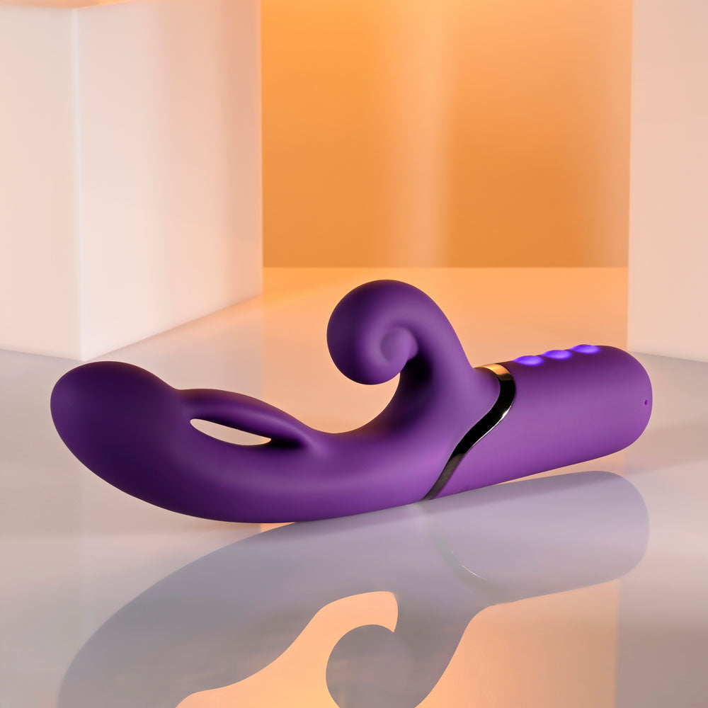 Evolved PLEASURE PUFF, 24.1 cm inflatable rabbit vibrator with a curlicue stimulator and USB rechargeable feature.