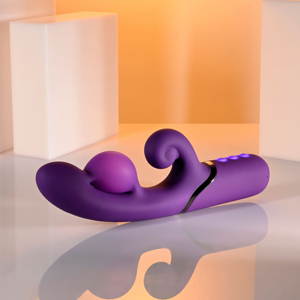 Evolved PLEASURE PUFF - 24.1 cm USB rechargeable inflatable rabbit vibrator on display.
