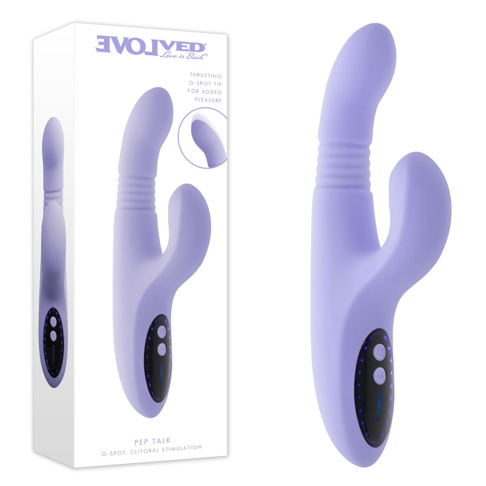 Evolved PEP TALK - 23.3 cm USB Rechargeable Thrusting Vibrator with Tapping Clitoral Stimulator in a stylish purple design.