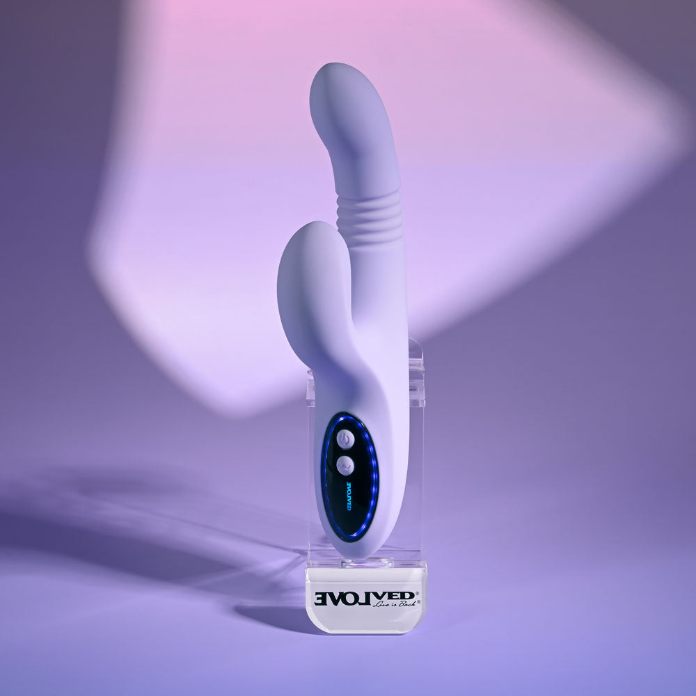 Evolved PEP TALK - 23.3 cm USB Rechargeable Thrusting Vibrator with Tapping Clitoral Stimulator on display.