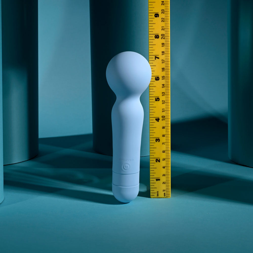 Evolved IRIS - 18.3 cm USB Rechargeable Massage Wand next to a ruler for size demonstration.
