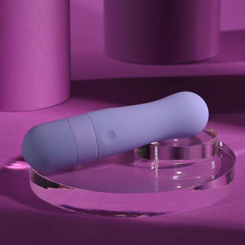 Evolved SQUISHY BULLET -  11 cm USB Rechargeable Bullet on a pink background showcasing its soft design and sleek shape.