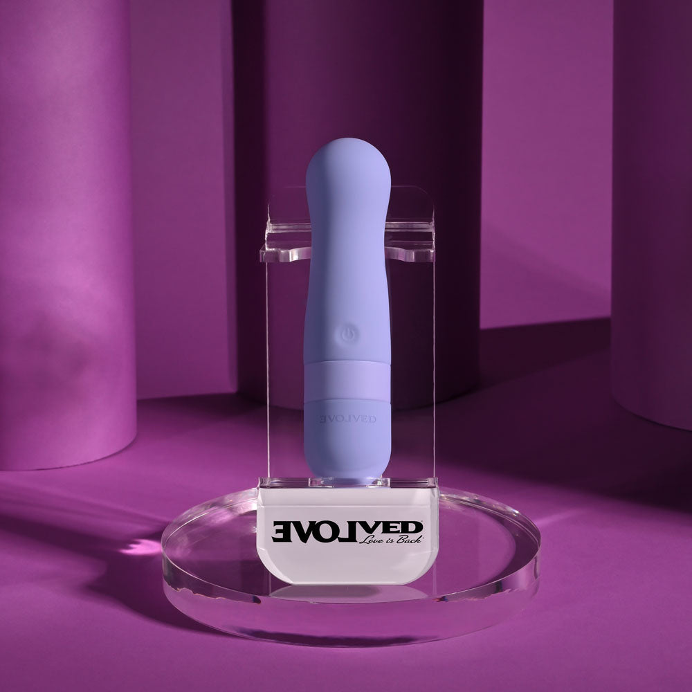 Evolved SQUISHY BULLET - 11 cm USB Rechargeable Bullet in lavender showcased on a clear display.