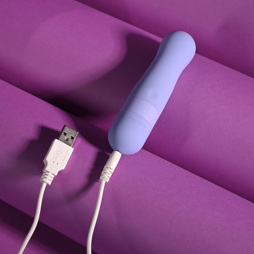 Evolved SQUISHY BULLET - 11 cm USB Rechargeable Bullet charging on a purple background for intimate essentials for her.