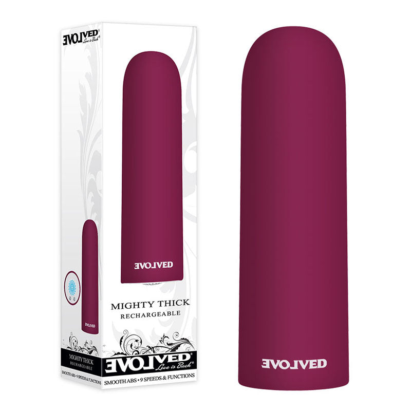 Evolved Mighty Thick - Burgundy 9 cm USB Rechargeable Bullet in packaging, ideal for intimate essentials for her.