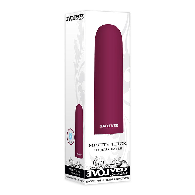 Evolved Mighty Thick - Burgundy  9 cm USB Rechargeable Bullet packaging with sleek design.