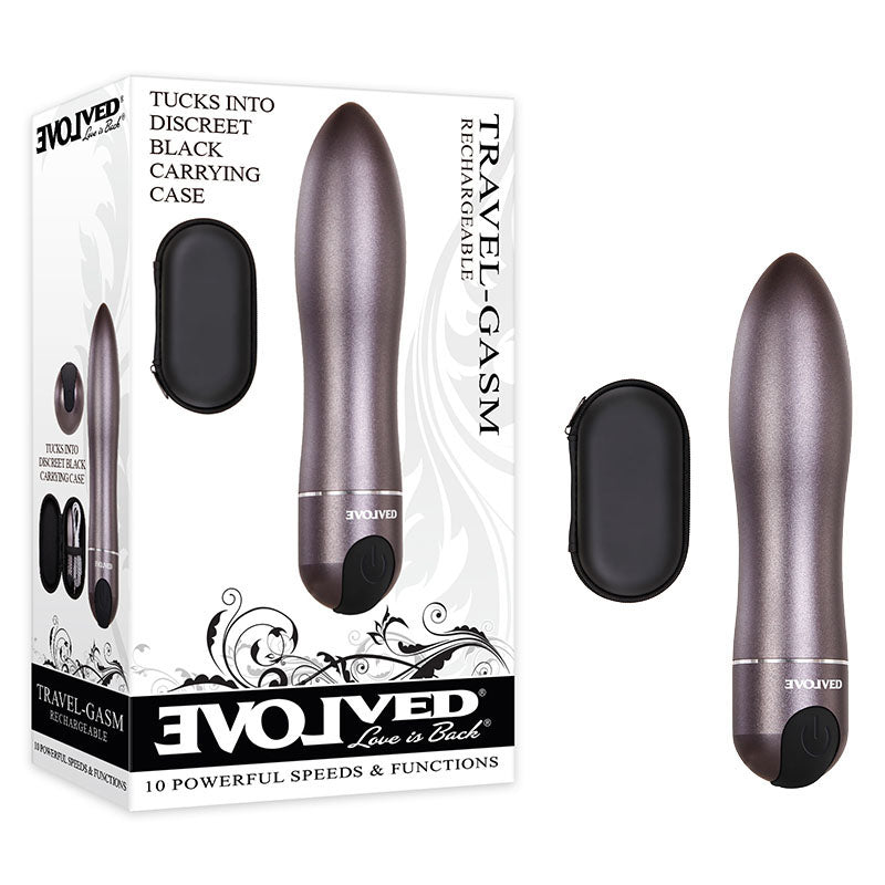 Evolved Travel-Gasm - Gray 9 cm USB Rechargeable Bullet with Travel Case in packaging with discreet carrying case.