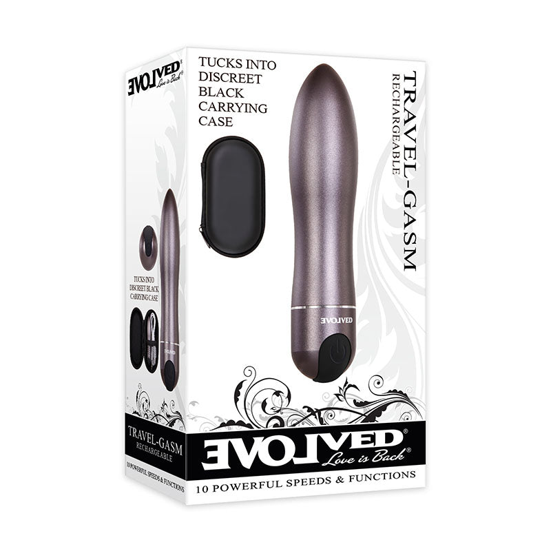 Evolved Travel-Gasm - Gray 9 cm USB Rechargeable Bullet with Travel Case packaging design showcasing discreet carrying case and features.