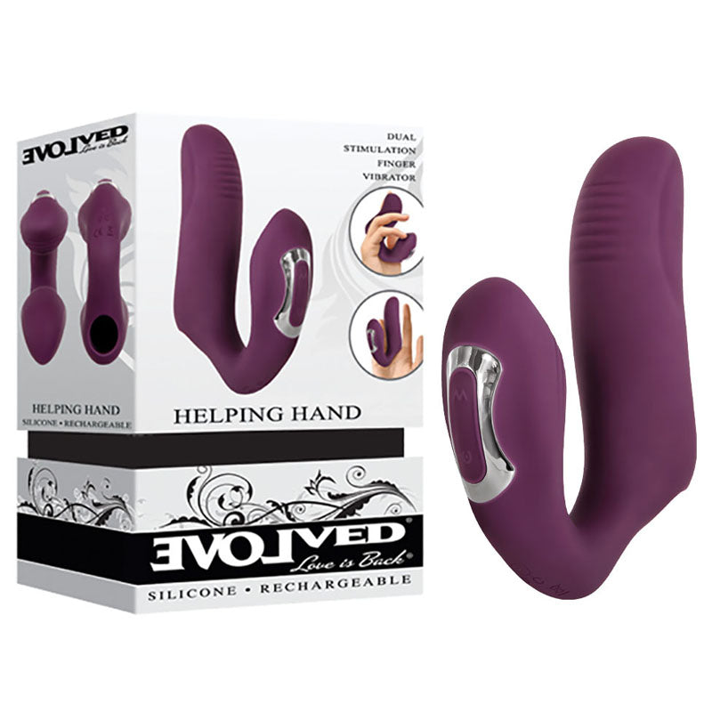 Evolved Helping Hand - USB Rechargeable Dual Finger Stimulator in packaging with dual stimulation design.