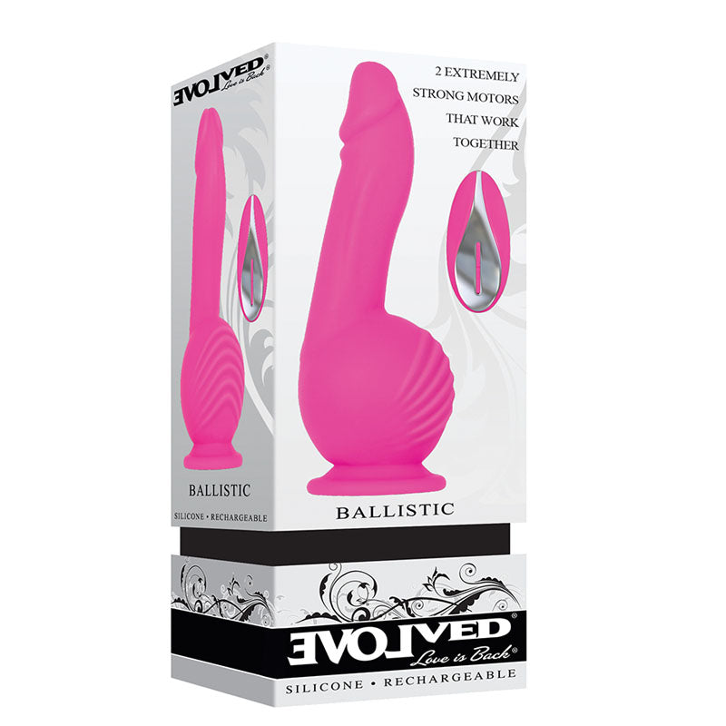 Evolved Ballistic - 19 cm USB Rechargeable Vibrating Dong with Balls Motor & Remote packaging showcasing strong motors.