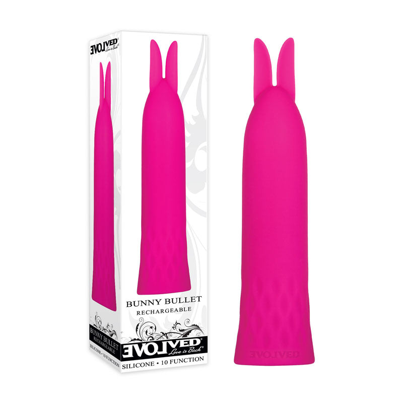 Evolved Bullet Buddy - 10.5 cm USB Rechargeable Bullet in pink silicone packaging showcasing its bunny ears design.