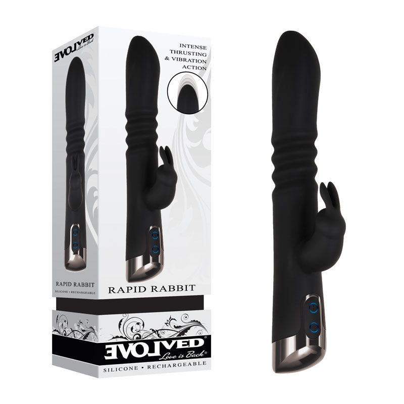 Evolved Rapid Rabbit - 25.4 cm USB rechargeable thrusting rabbit vibrator in sleek design with stimulating vibrations.