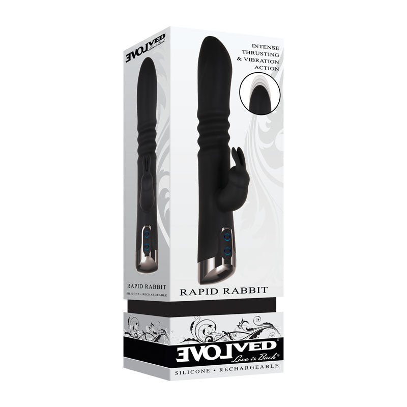 Evolved Rapid Rabbit packaging showcasing a USB rechargeable thrusting rabbit vibrator with dual motors and ribbed design.