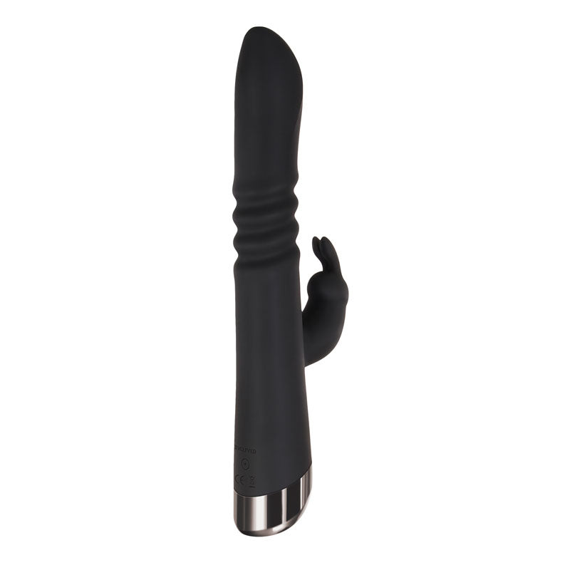 Evolved Rapid Rabbit - 25.4 cm USB rechargeable thrusting rabbit vibrator showcasing ribbed design and clitoral stimulator.