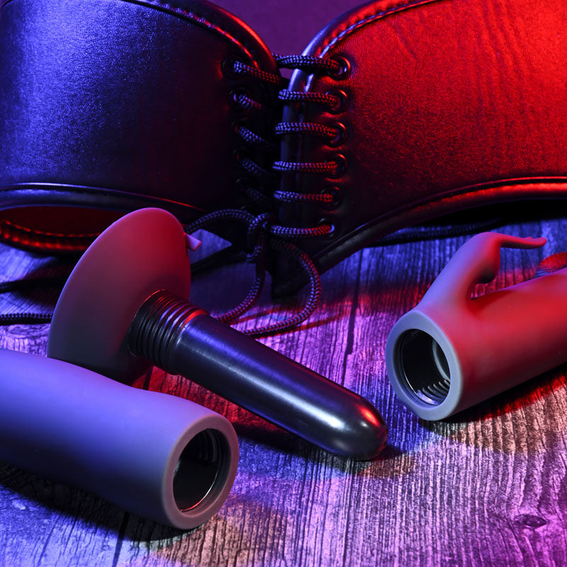 Evolved HEAVENLY HARNESS -  USB Rechargeable Strap-On Kit showcasing silicone sleeves and leather harness.