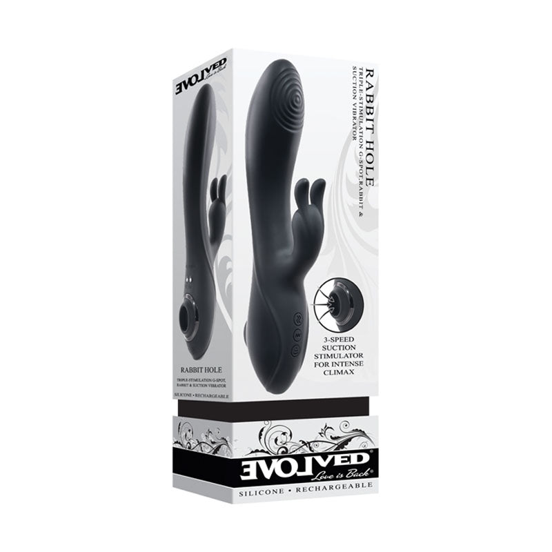 Evolved RABBIT HOLE - 21.2 cm USB Rechargeable Rabbit Vibrator in packaging with details on features.