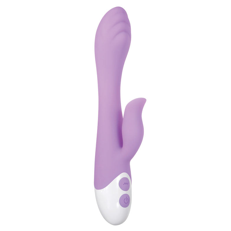 Evolved PLEASING PETAL - Lilac 19.7 cm USB Rechargeable Rabbit Vibrator with textured head and multi-speed motor.